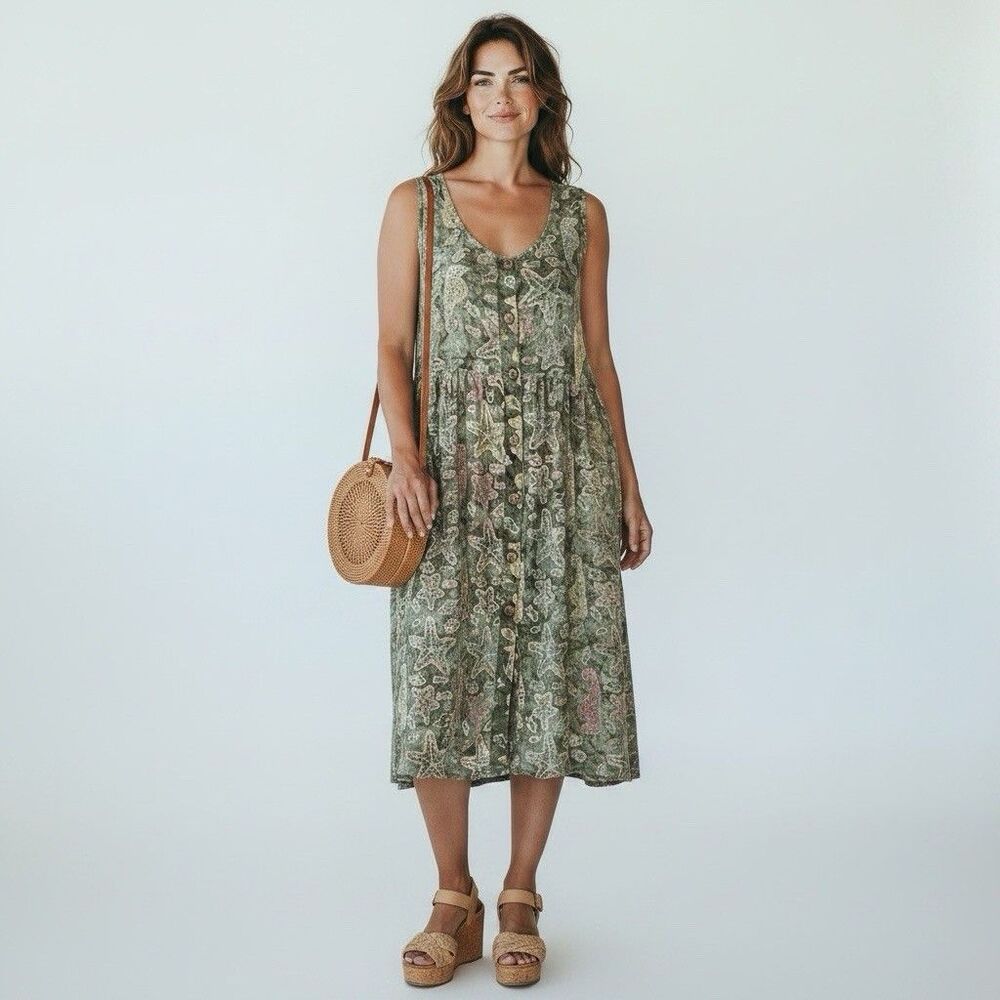 Mermaidcore Vintage Rayon Midi Dress L XL Sea Life Fish Starfish Boho Indonesia